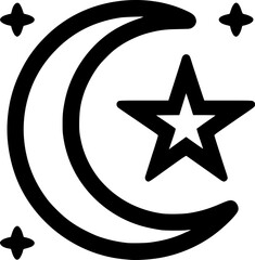 Flat black and white vector of an Islamic crescent moon and star, outlined in clean minimal religious symbol style.