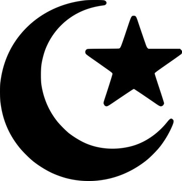 Flat black and white vector of an Islamic crescent moon and star, outlined in clean minimal religious symbol style.
