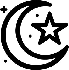 Obraz premium Flat black and white vector of an Islamic crescent moon and star, outlined in clean minimal religious symbol style.