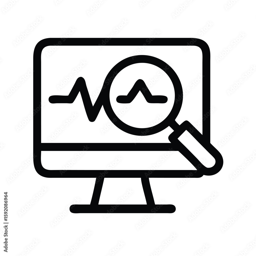 Poster data analysis on computer screen with magnifying glass for website seo and performance monitoring to