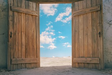 A rustic wooden door with a sandy path leading to the open sky, symbolizing adventure and travel.