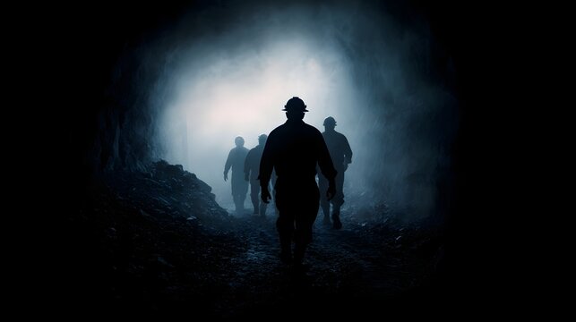 Miners emerging from a dark tunnel towards the light - Powered by Adobe