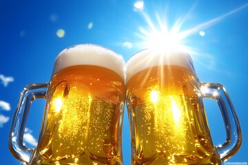 Cheers to a sunny day with frothy mugs of beer under a bright blue sky