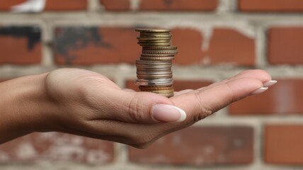Woman hand holding a stack of coins against brick wall background