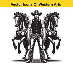 Fototapeta premium Cowboy with Two Rearing Horses – Black and White Western Vector Illustration