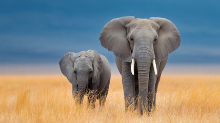 Fototapeta premium A mother African elephant and her calf walking together gracefully across the vast African grassland under a clear sky, symbolizing wildlife and family bond.