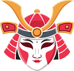 A stylized, cartoonish depiction of a female samurai mask, featuring traditional Japanese design elements.