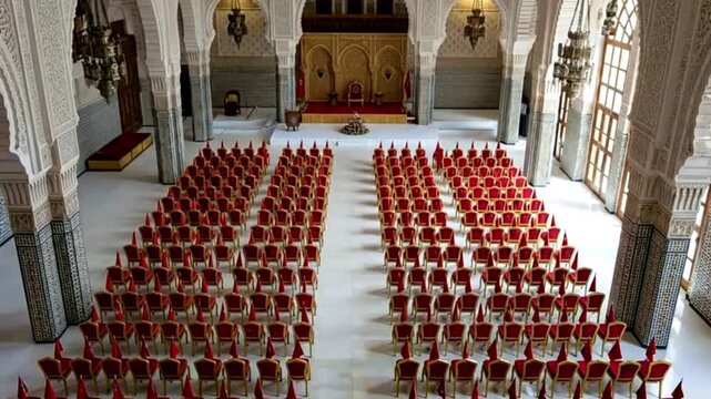 Empty Grand Ballroom Interior with Rows of Red Chairs and Ornate Decorations