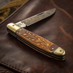 Vintage Folding Pocket Knife with Detailed Carved Wooden Handle on Leather Surface


