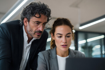 Professional colleagues focused on a laptop screen during a collaborative work session in a modern office environment