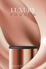 3D Luxury cosmetic podium with rose gold fabric background for advertising skincare brand, beauty ads, product display mockup, elegant website, discount promotion sale, wellness campaign. vector