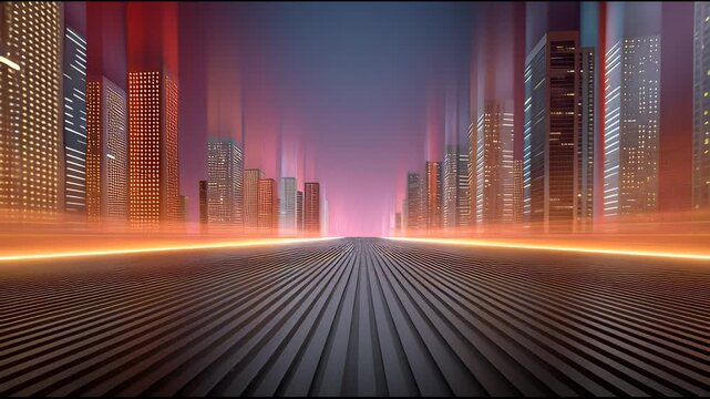 Futuristic cityscape with glowing neon skyscraper lights and accelerated data flow along metallic road night creating dynamic