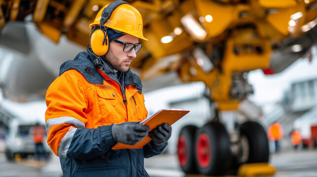 An aircraft engineer performing maintenance work on an airplane engine, wearing safety gear and focused on technical inspection at an airport hangar. - Powered by Adobe