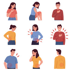 Fototapeta premium A collection of illustrations showing people experiencing various types of pain in different parts of their bodies.