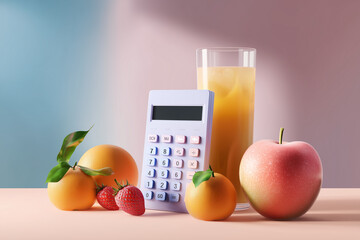 Fresh fruits with a glass of juice and calculator symbolizing healthy diet planning and nutrition calculations