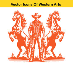 Fototapeta premium Cowboy with Two Rearing Horses – Black and White Western Vector Illustration