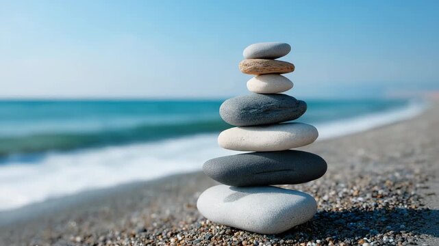 A stack of rocks on a beach with the ocean in the background. The rocks are arranged in a pyramid shape, creating a sense of balance and harmony. The scene evokes a feeling of tranquility and peace