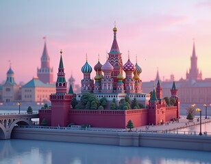 Fototapeta premium Iconic St Basil's Cathedral and Moscow Kremlin at Sunset - Stylized