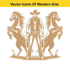 Fototapeta premium Cowboy with Two Rearing Horses – Black and White Western Vector Illustration