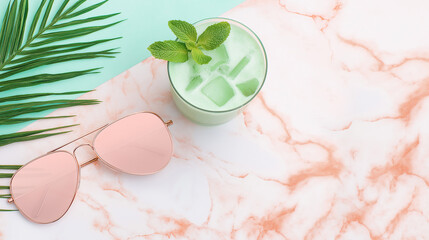 Stylish lifestyle flatlay featuring gold-framed sunglasses with green lenses, refreshing beverage, dreamy watercolor background in seafoam and blush pink.