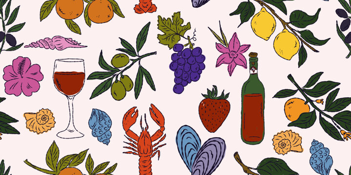 The Dolce Vita collection is a whimsical seamless pattern with vibrant color accents, inspired by the Mediterranean lifestyle. Hand-drawn sketch style
