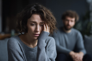 Obraz premium Sad woman feeling stressed and worried during an emotional moment with her partner in a dimly lit room