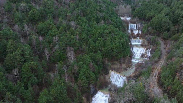 Aerial drone view of the river in the Ar&aacute;s Ravine in Biescas, Alto Gallego region, Huesca, Aragon, Spain, Europe.