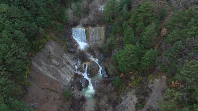 Aerial drone view of the river in the Ar&aacute;s Ravine in Biescas, Alto Gallego region, Huesca, Aragon, Spain, Europe.