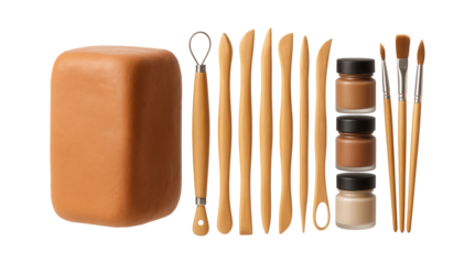 Pottery kits with clay, shaping tools, and paints suitable for home use in a private house.