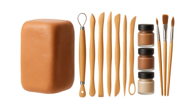 Pottery kits with clay, shaping tools, and paints suitable for home use in a private house.