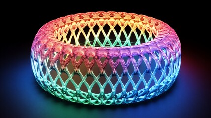Rainbow lattice ring, 3D-printed, dark background, product design