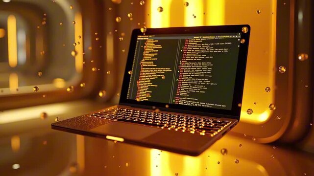 A laptop floats in a vibrant futuristic environment with golden hues and translucent droplets showcasing lines of code on the screen in a dynamic tech atmosphere