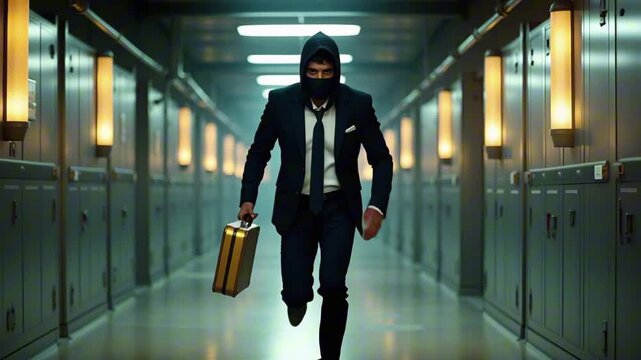 A man in a suit and mask runs down a dimly lit hallway holding a yellow briefcase conveying urgency and tension in a mysterious setting