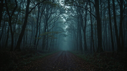 Fototapeta premium Fog entering mysterious dark forest road at dawn