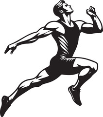 Dynamic Black and White Illustration of a Muscular Male Athlete in Mid-stride, Capturing the Essence of Speed and Athleticism