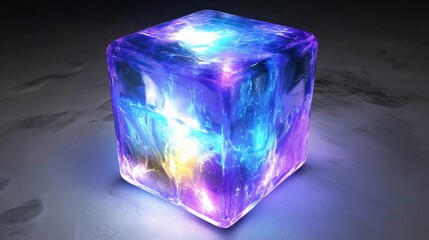 Glowing Crystal Cube on Dark Surface, Sci-Fi Setting, Energy