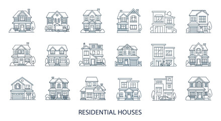 Fototapeta premium Collection of fifteen different residential house designs in a line art style, showcasing various architectural styles and layouts.