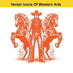 Fototapeta premium Cowboy with Two Rearing Horses – Black and White Western Vector Illustration