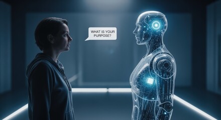 Woman asking a robot, what is your purpose? futuristic artificial intelligence.