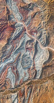 Top shot on folded rocks with visible colorful layers . Camera is zooming in, rotating clockwise. Vertical video. Animation based on image by NASA