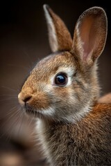 Fototapeta premium Closeup portrait of a brown rabbit with dark eyes and long whiskers set against a blurry background