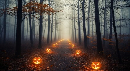 Spooky Forest Path with Glowing Jack-o'-Lanterns for Halloween.