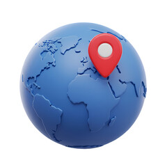 Stylized blue globe with continents and a red location pin marking a spot on the map.