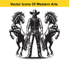 Fototapeta premium Cowboy with Two Rearing Horses – Black and White Western Vector Illustration
