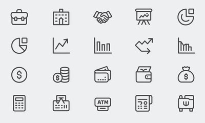 Finance and Business Icon Set. Bold Line Style Icons for Accounting, Banking, Investment, Wallet, ATM, Data Analytics, Budget, Calculator, Sales and Economy.