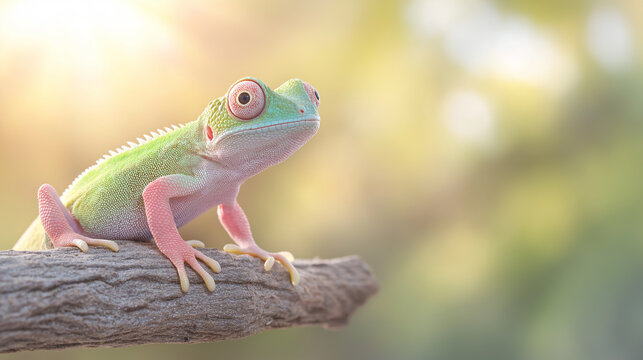 Vibrant chameleon on a tree branch in natural sunlight with bright colors and detail - Powered by Adobe