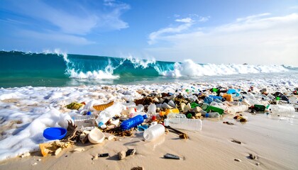 Obraz premium Plastic waste washes ashore, impacting a pristine beach