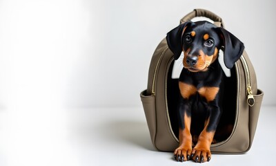Small Doberman Pinscher puppy calm sitting in a taupe pet carrier backpack against a white background with copy space
