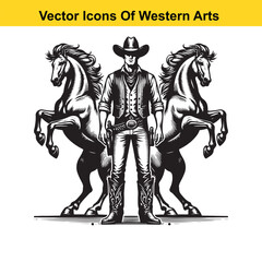 Fototapeta premium Cowboy with Two Rearing Horses – Western Line Art Vector