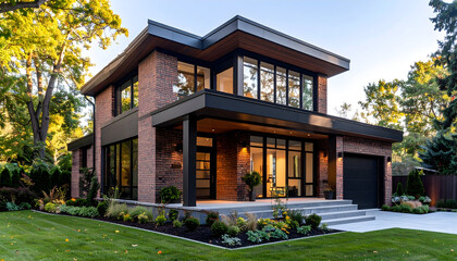 Obraz premium Modern Brick House with Large Windows and Landscaping at Sunset
